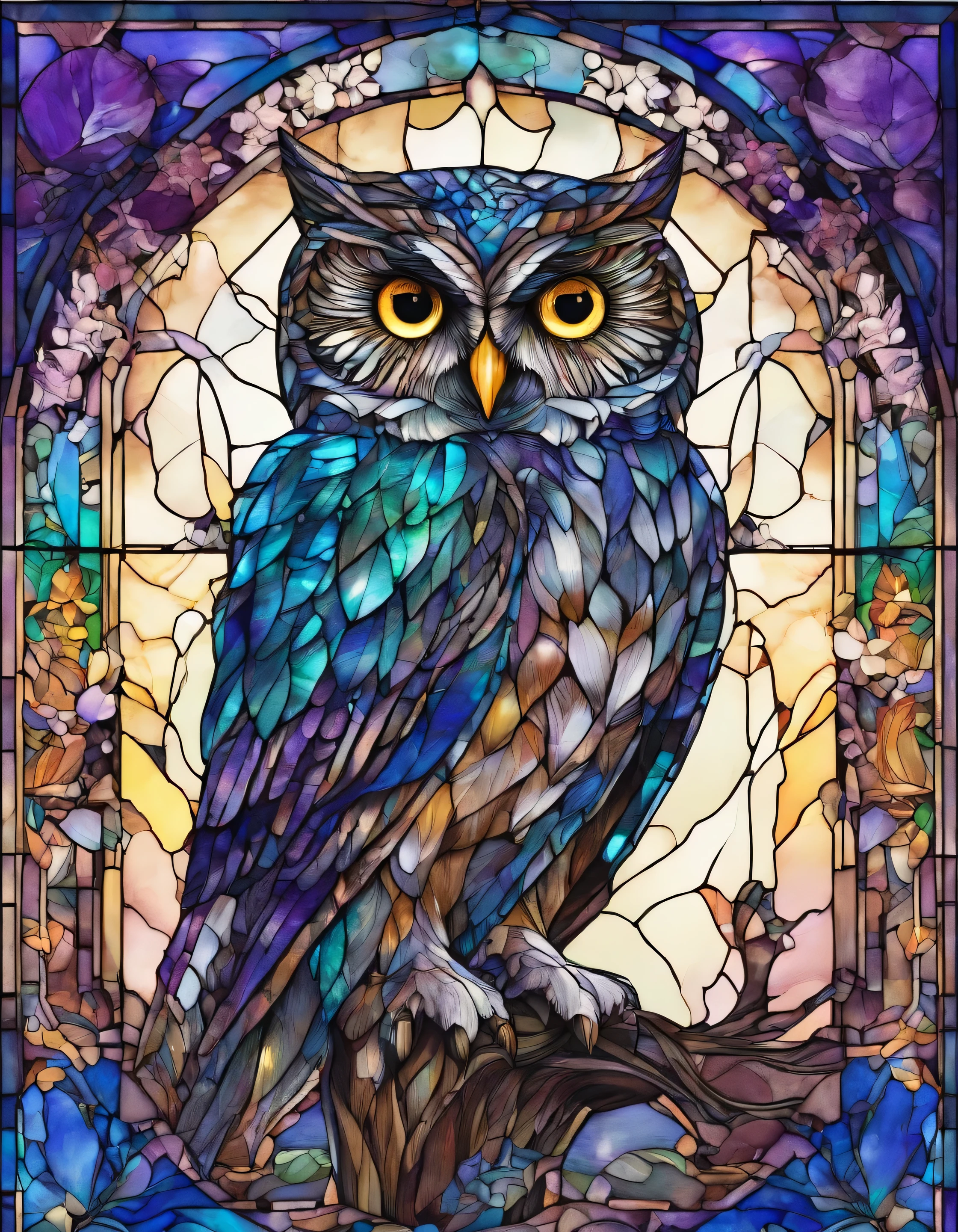Owl、owl、Night Sky、Innocence、Transparent glass、very elaborate stained glass、Amethyst Crystal, Iridescent Labradorite Crystals、Intricate and highly detailed backgrounds, Fantasy, Craftsmanship, Craftsmanship detailed, Complex