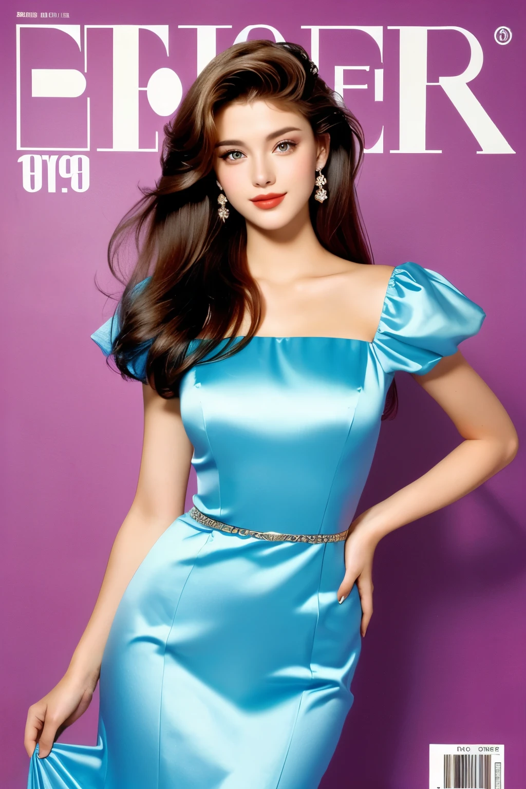 Background and model as is, Beautiful woman in 90s retro dress, magazine pose,