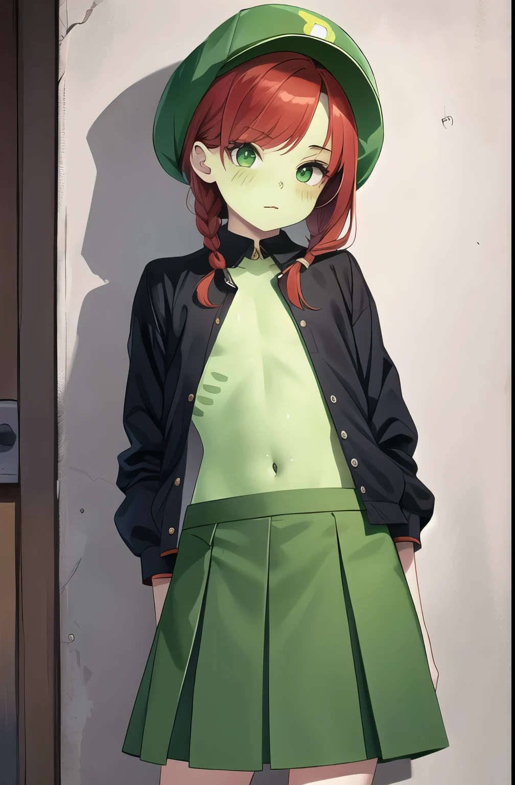 Girl with green skin,Wear cropped skirt,redheadwear , flat chest, young .