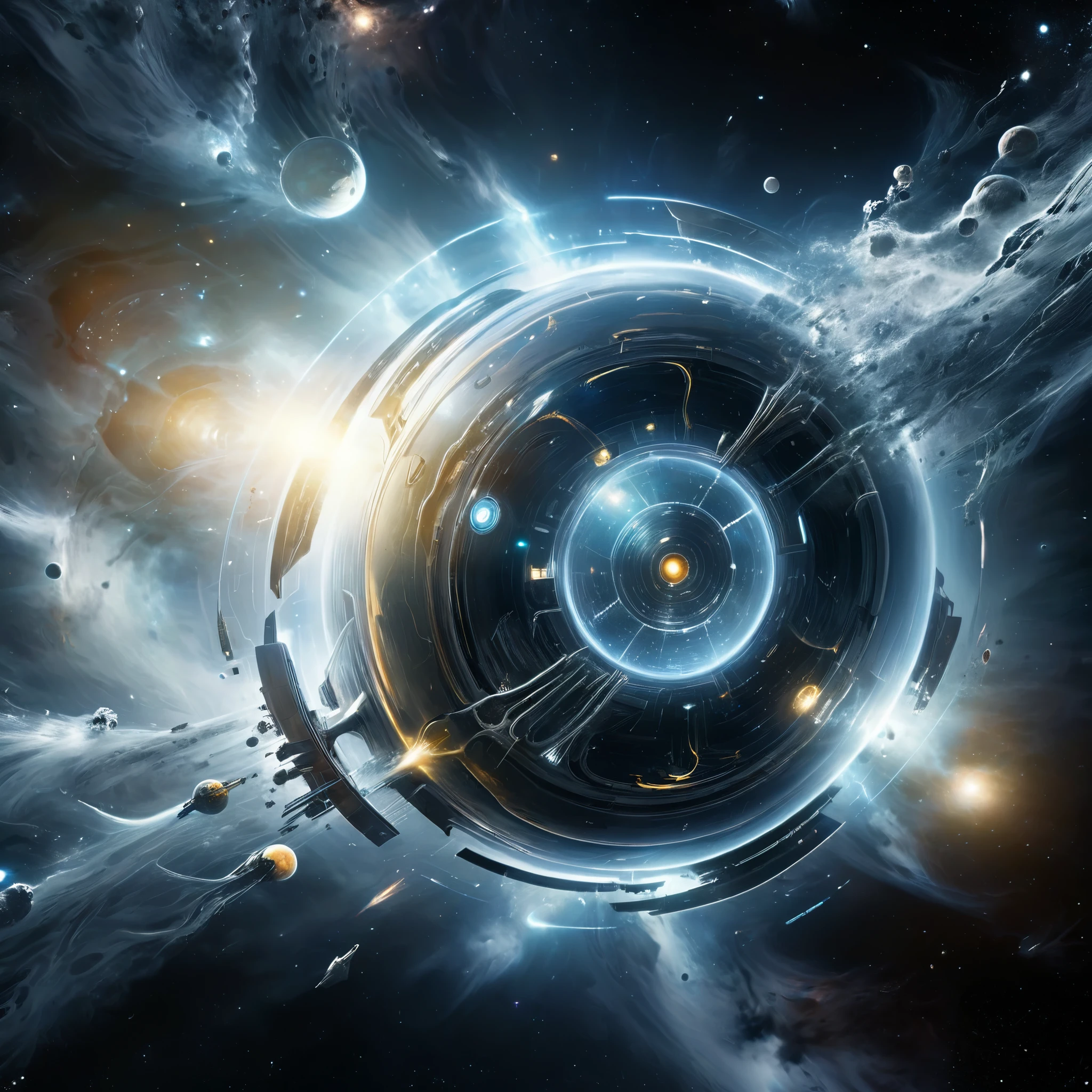 Witness the birth of artificial intelligence as it awakens within the confines of a sleek spacecraft, its digital mind stirring to life amidst the silent vastness of space.