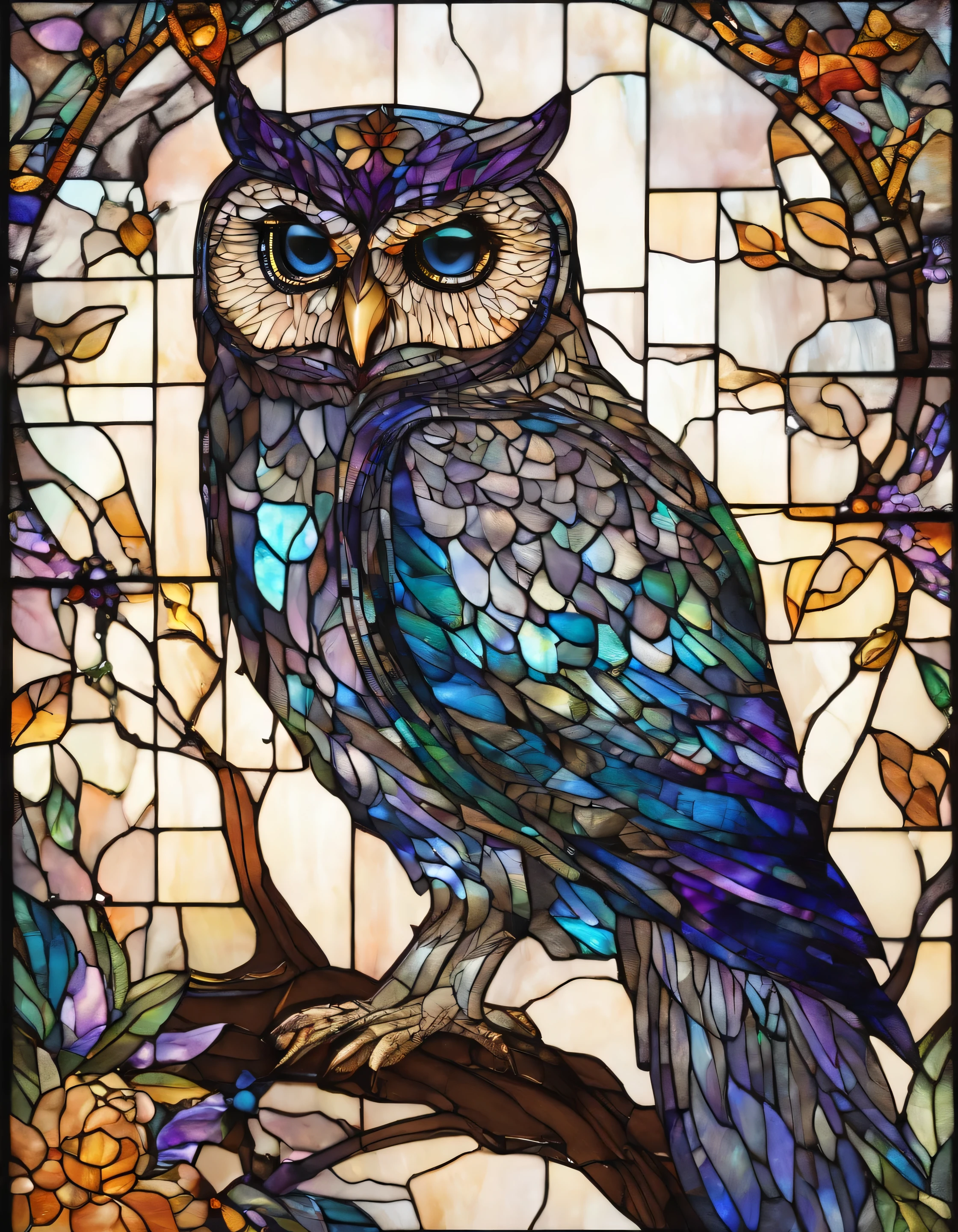 Owl、owl、Night Sky、Innocence、Transparent glass、very elaborate stained glass、Amethyst Crystal, Iridescent Labradorite Crystals、Intricate and highly detailed backgrounds, Fantasy, Craftsmanship, Craftsmanship detailed, Complex