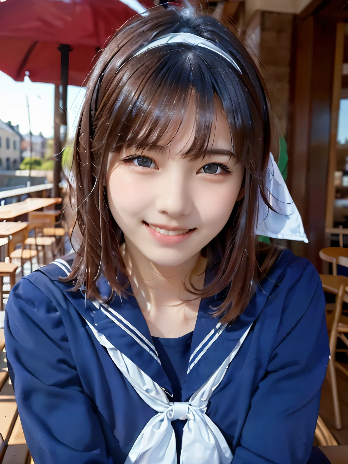 Sailor suit, One Woman, (Beautiful woman, delicate :1.3), Black Hair, Bobcut, bangs, (8k), (highest quality: 1.2), (Realistic), (Realistic: 1.37), (masterpiece), (Ultra-high resolution), (RAW Photos), (Absolute Resolution), (((face is small compared to body: 1.4))), (((Small face:1.4))), A balanced face, (Small Mouth: 1.4), ((Slim female body: 1.4)), Black Hair, (((All navy blue long sleeve Sailor suit))), realistic high school girl, (((White headband))), Small breasts, Slanted Eyes, Bright Blue Eyes, (Cafe on the open terrace), Open your mouth, smile, Blurred, upper body,