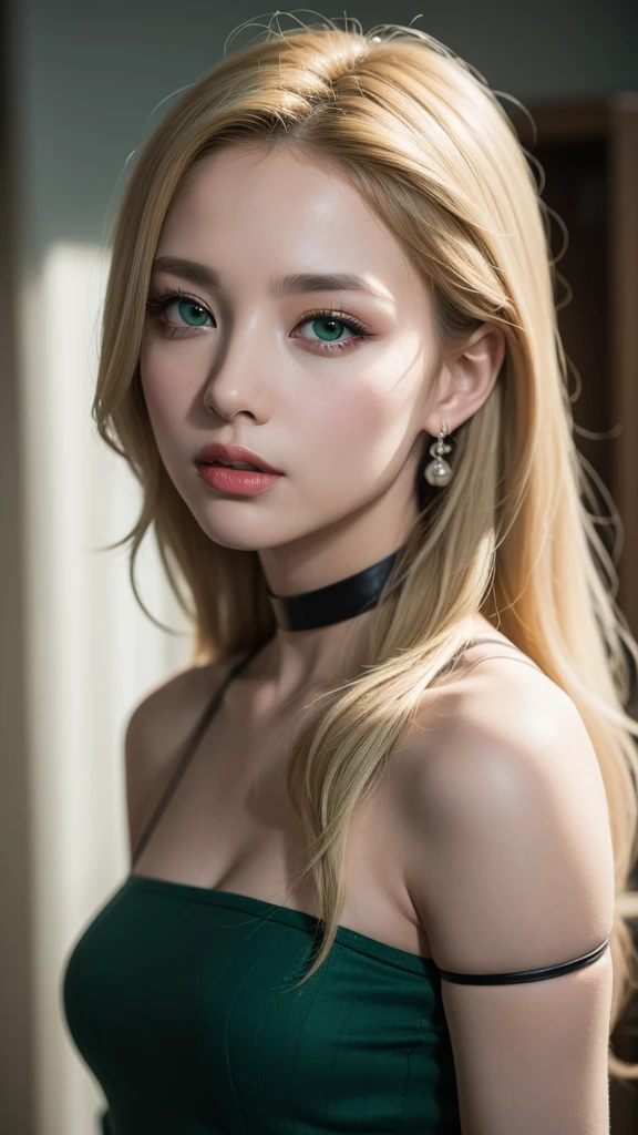 masterpiece,best quality,hdr, hyper HD, 8K,Bokeh,Ultra-fine, Sharp focus, Physically-based rendering, Extreme detail description, portraitures, half-body photo, (long flowing blonde hair (hair over shoulders: 1.5) bright green eyes)n black choker, (black eyeshadow:1.1), (red lips:0.95), looking at viewer, (EOS R8, 50 millimeters, F1.2, 8K, RAW photo:1.2)