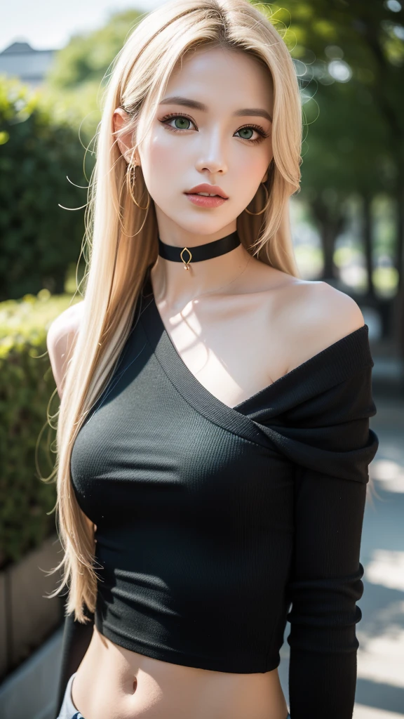 masterpiece,best quality,hdr, hyper HD, 8K,Bokeh,Ultra-fine, Sharp focus, Physically-based rendering, Extreme detail description, portraitures, half-body photo, (long flowing blonde hair (hair over shoulders: 1.5) bright green eyes)n black choker, (black eyeshadow:1.1), (red lips:0.95), looking at viewer, (EOS R8, 50 millimeters, F1.2, 8K, RAW photo:1.2)