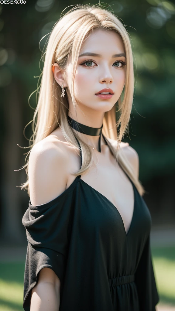 masterpiece,best quality,hdr, hyper HD, 8K,Bokeh,Ultra-fine, Sharp focus, Physically-based rendering, Extreme detail description, portraitures, half-body photo, (long flowing blonde hair (hair over shoulders: 1.5) bright green eyes)n black choker, (black eyeshadow:1.1), (red lips:0.95), looking at viewer, (EOS R8, 50 millimeters, F1.2, 8K, RAW photo:1.2)