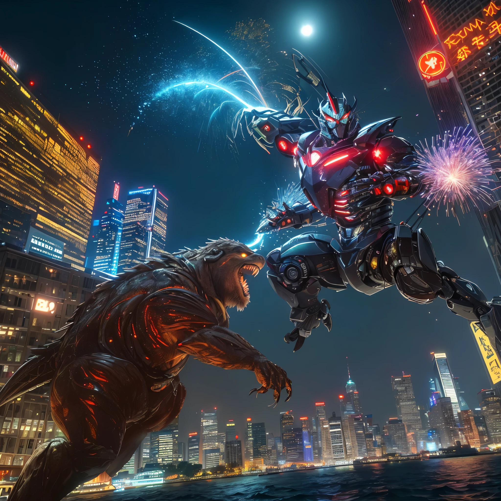 (best quality,4k,8k,highres,masterpiece:1.2),ultra-detailed,(realistic,photorealistic,photo-realistic:1.37),enormous crab themed robot,otter themed UltraMan,battle,fierce fight,majestic robot,towering skyscrapers,Bangkok skyline,dazzling city lights,nighttime cityscape,reflection on the river,glowing neon signs,chaotic energy,explosive action,strong contrast between light and darkness,vivid colors,metallic textures,mechanical joints,razor-sharp claws,exhilarating display of power,electric sparks flying,immersing viewers in the epic showdown,epic scale confrontation.