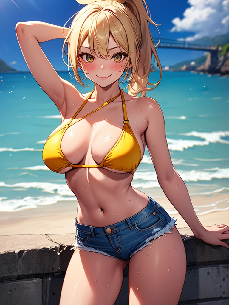 (highest quality, High resolution, perfect pixel, Depth of bounds written, 4K), (from front), beach, detailed eyes, (1 lady), tall, (skinny body:1.2) , (thin thighs:1.2), (Narrow hips), large breasts, blond hair, (ponytail:1.2), (denim short pants yellow bikini:1.2), (unbutton:1.3), (cross halter bikini), (rio cut pants), (panty strap:1.3), (swayback stance:1.2), (arms behind head), (seductive smile), blush, sweat, 