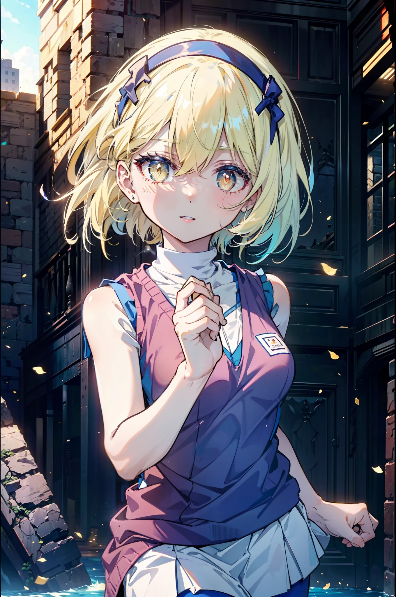 Izvalenstein, Eyes Wallenstein, Blonde, Hair between the eyes, White headband, Long Hair, (Yellow Eyes:1.5), smile,blush,Y-shirt,Short sleeve,Sweater vest, (blue Sweater vest:1.5),black pleated skirt,Gray pantyhose,Brown Loafers,morning,morning陽,The sun is rising,whole bodyがイラストに入るように,crowd, people々々,
壊す looking at viewer,whole body,
Destroy outdoors, In town,Destroy a city of buildings (masterpiece:1.2), highest quality, High resolution, unity 8k wallpaper, (shape:0.8), (Fine and beautiful eyes:1.6), Highly detailed face, Perfect lighting, Highly detailed CG, (Perfect hands, Perfect Anatomy),