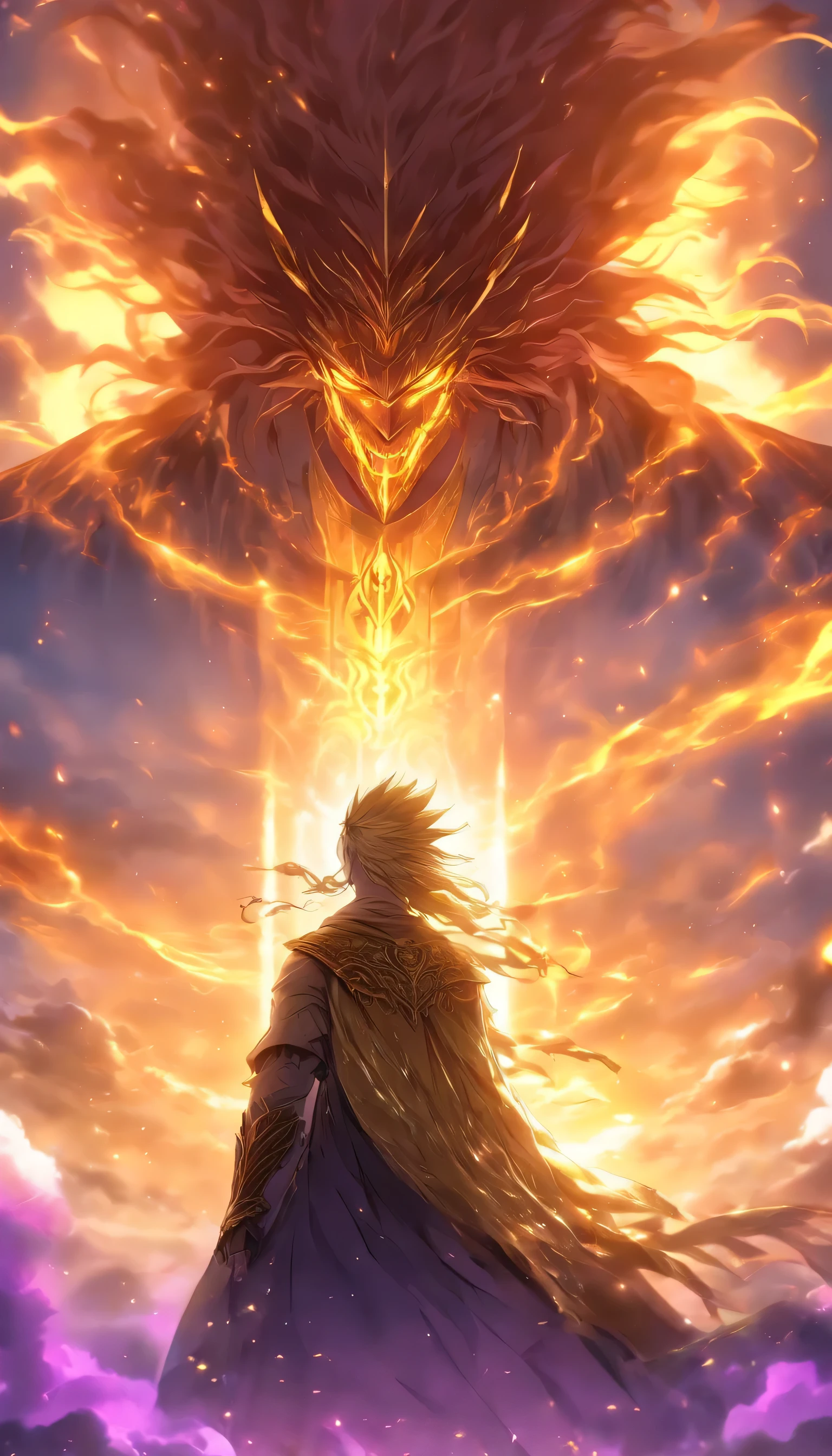 Elden ring boss, 1guy, Masterpiece, extremely detaile, (beautiful detailed glow), Floating hair, Looking back, Blue eyes, White dress, Sunrise, Clouds, back lit lighting, Purple sky, Yellow sky, gradient sky,