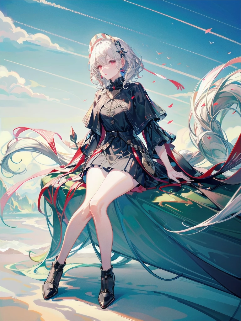 tribal poncho, absurdres, RAW photo, extremely delicate and beautiful, masterpiece, Best Quality, ultra high resolution, 32k, hyperrealistic, ultra-detailed, detailed description, pale skin, 20 years old, tearful mole, earring, short medium hair, wavy hair, full body shot,