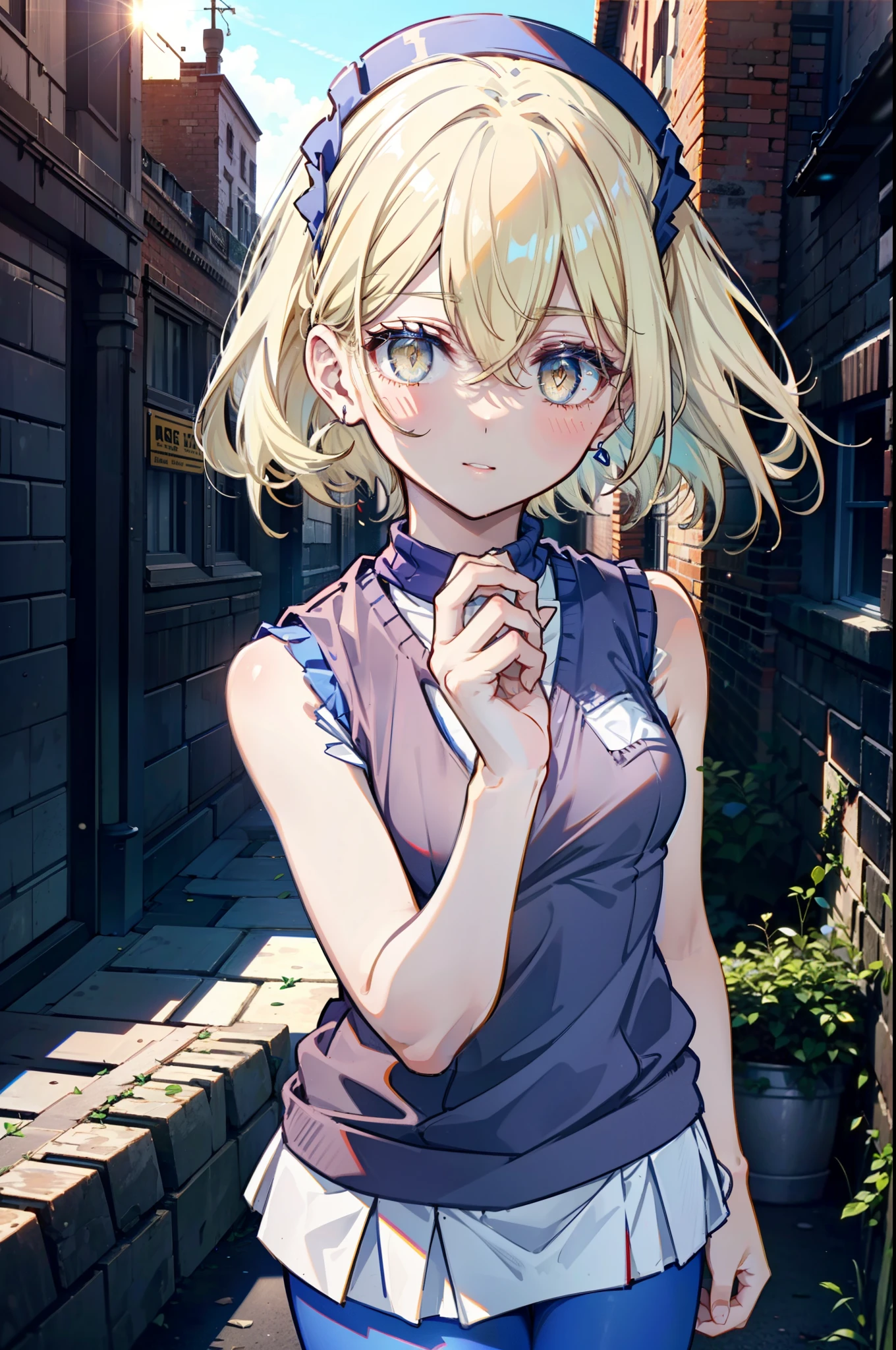 Izvalenstein, Eyes Wallenstein, Blonde, Hair between the eyes, White headband, Long Hair, (Yellow Eyes:1.5), smile,blush,Y-shirt,Short sleeve,Sweater vest, (blue Sweater vest:1.5),black pleated skirt,Gray pantyhose,Brown Loafers,morning,morning陽,The sun is rising,whole bodyがイラストに入るように,crowd, people々々,
壊す looking at viewer,whole body,
Destroy outdoors, In town,Destroy a city of buildings (masterpiece:1.2), highest quality, High resolution, unity 8k wallpaper, (shape:0.8), (Fine and beautiful eyes:1.6), Highly detailed face, Perfect lighting, Highly detailed CG, (Perfect hands, Perfect Anatomy),