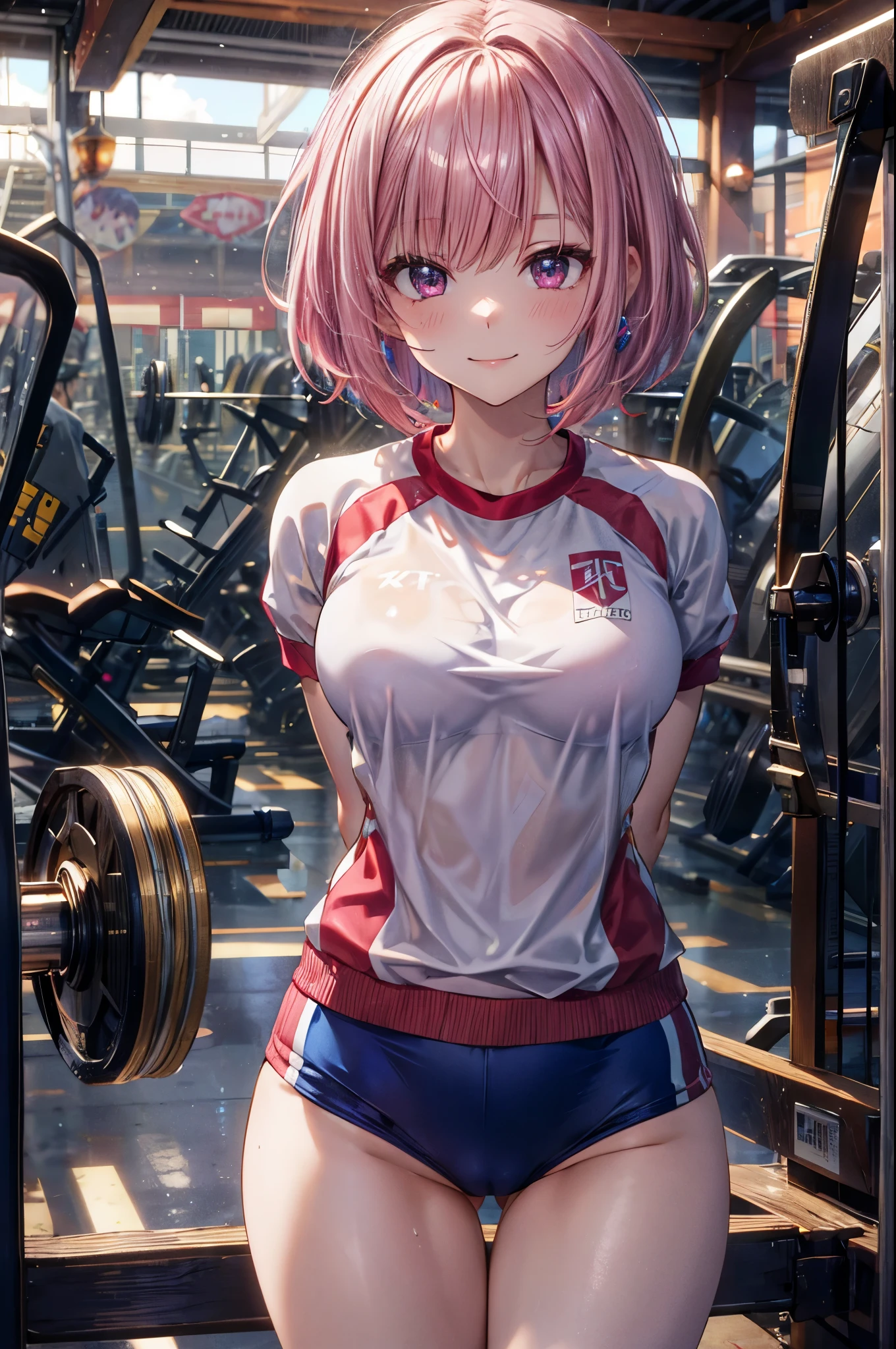 ((gym clothes)), 4 defined fingers, 1 defined thumb, looking at viewer, solo, 1 woman, 25 years old, AI generated, highest quality, masterpiece, perfect face, 8k , cowboy shot, short hair, (pink hair1.5), bob cut, black eye, smile, thin thighs, medium breasts, perfect limbs, sexy, (visible nipples:0.6), (camel toe:0.7), ((arms behind back)), ((metallic costume)),