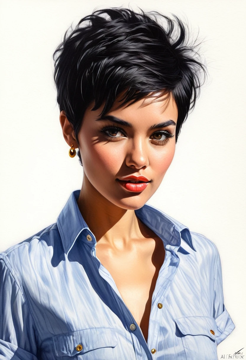 crea una mujer con pelo corte pixie ,con camisa negra , obra maestra, estilo ilustracion de Ali Erturk, alto detalle, hiperrealista, luz natural,ilustracion , colores llamativos