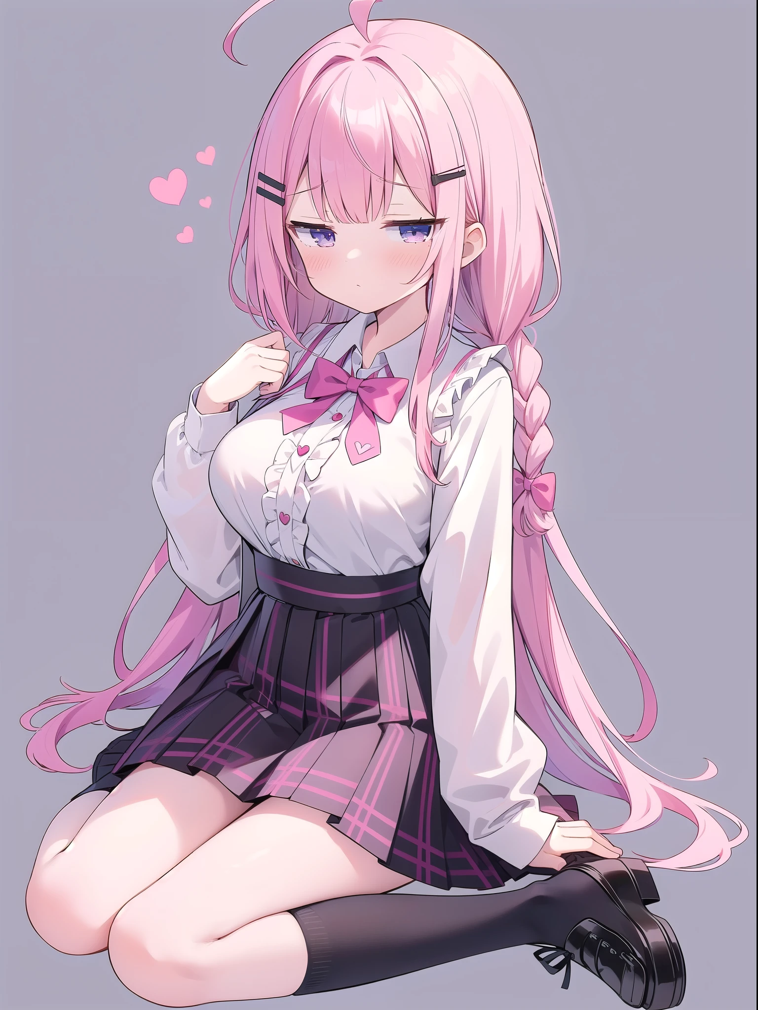 Large Breasts,High Resolution 1girl Ahoge Bobby_pin bow bowtie braid brOwn_目s collared_shirt dojikko_Temporarily stop_shirt frilled_shirt_Color Free Joint_skirt frills hair_bow hair_ornament hairpin hand_in addition_Own_head, heart, heart_hair_Decorative hood_jacket jacket lin additiong_Pentagon Pink_hair plaid plaid_Ribbon Check_Pleated skirt_skirt shirt shoelaces shoes simple_background sitting skirt solo star_(symbol) twin_Braided Warisa White_Background white_Knee socks, whole body
