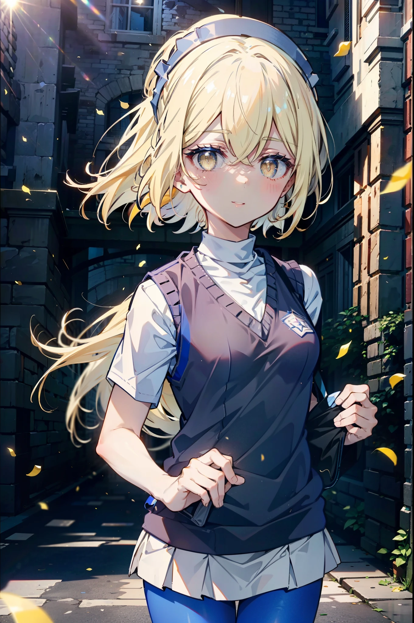 Izvalenstein, Eyes Wallenstein, Blonde, Hair between the eyes, White headband, Long Hair, (Yellow Eyes:1.5), smile,blush,Y-shirt,Short sleeve,Sweater vest, (blue Sweater vest:1.5),black pleated skirt,Gray pantyhose,Brown Loafers,morning,morning陽,The sun is rising,whole bodyがイラストに入るように,crowd, people々々,
壊す looking at viewer,whole body,
Destroy outdoors, In town,Destroy a city of buildings (masterpiece:1.2), highest quality, High resolution, unity 8k wallpaper, (shape:0.8), (Fine and beautiful eyes:1.6), Highly detailed face, Perfect lighting, Highly detailed CG, (Perfect hands, Perfect Anatomy),