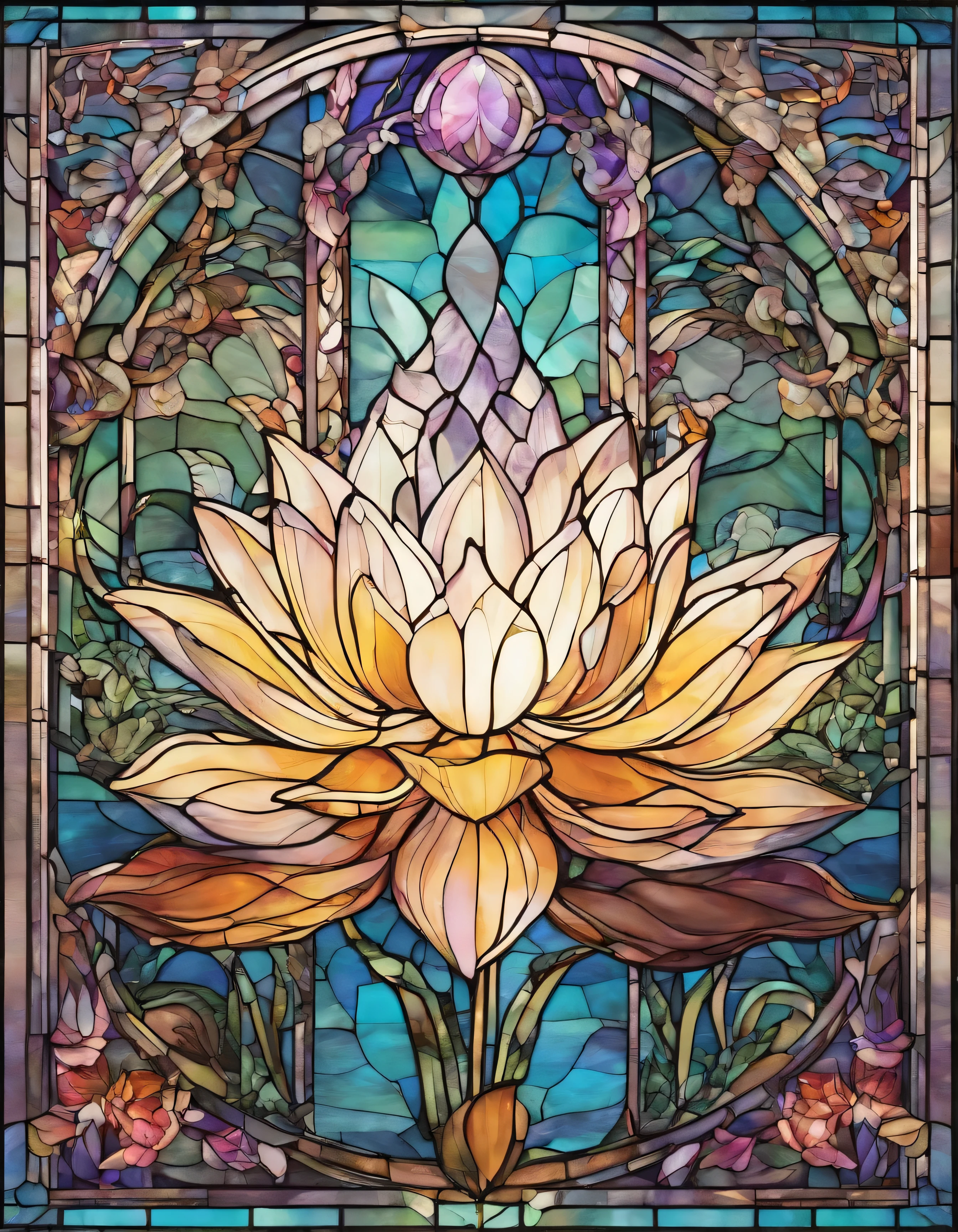 lotus、Lotus、 Innocence、Transparent glass、very elaborate stained glass、Amethyst Crystal, Iridescent Labradorite Crystals、Intricate and highly detailed backgrounds, Fantasy, Craftsmanship, Craftsmanship detailed, Complex