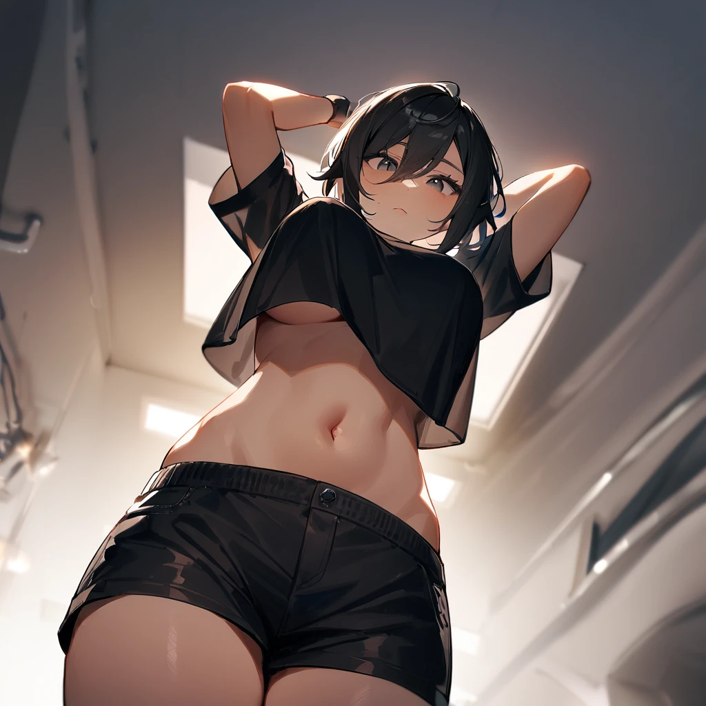 1 girl,Androgynous,Solo,medium hair,blackshirt,big breast,shirt overhang,navel,cowboy shot,looking at viewer,shortshorts,dark colored,best quality, very aesthetic, absurdres,Look Down,cool,From below,peek,underboob,arms up