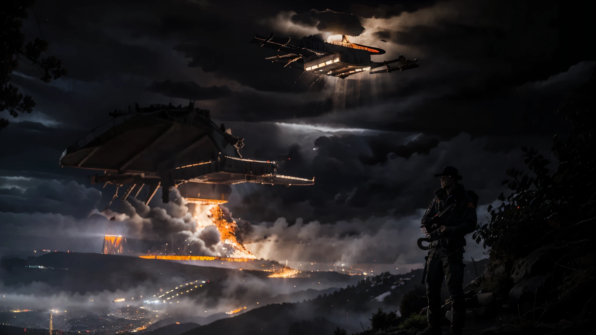 man with an ax in his hand, through the man's eyes, pov, looking at the small town from the mountainside, through the trees, there is a large spacecraft over the city, some points of the city are on fire, dark theme, hazy weather, epic