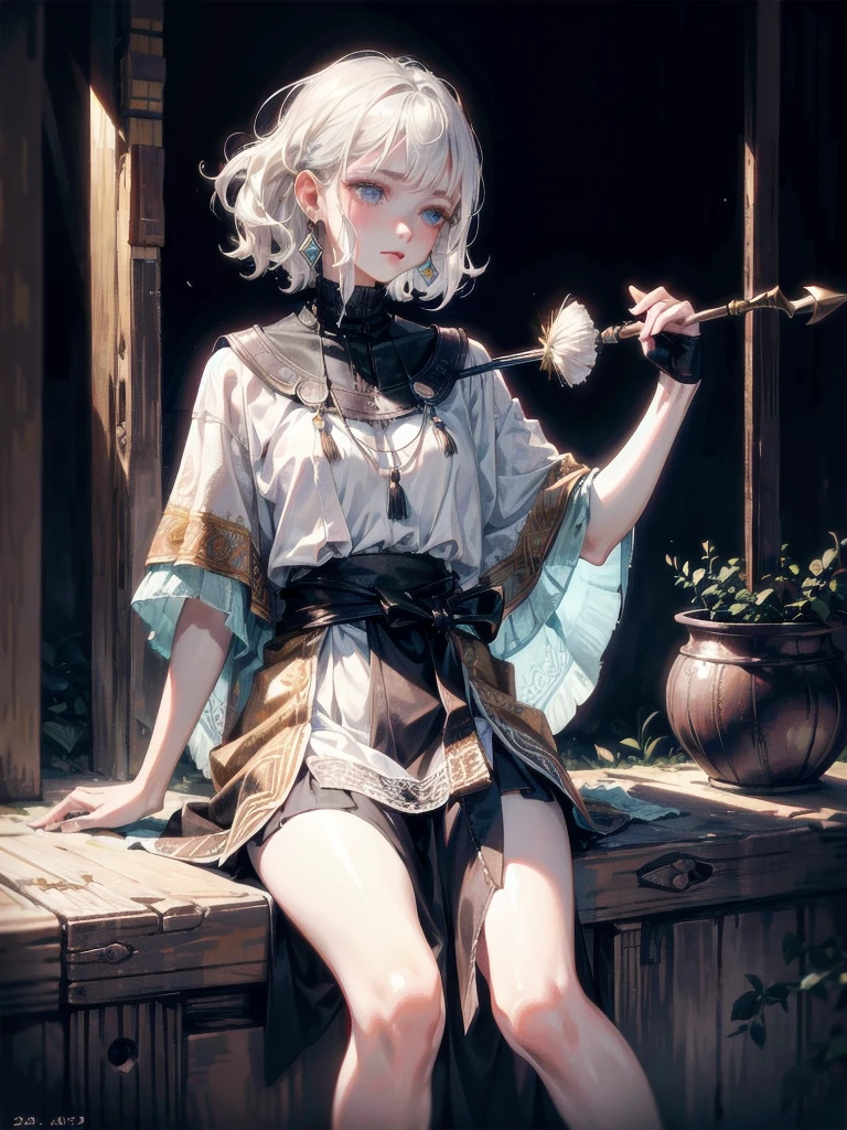 tribal poncho, absurdres, RAW photo, extremely delicate and beautiful, masterpiece, Best Quality, ultra high resolution, 32k, hyperrealistic, ultra-detailed, detailed description, pale skin, 20 years old, tearful mole, earring, short medium hair, wavy hair, full body shot,