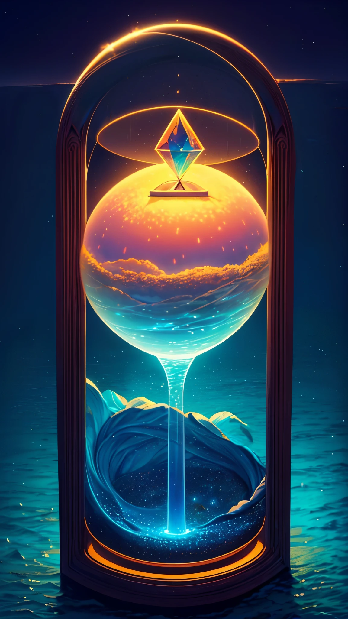 (Better lighting, melhor sombra, obra de arte, alta qualidade), Colorida, vivaz, summer feeling, muitas cores brilhantes, Picture an extraordinary scene where a colossal hourglass stands amidst a vast blue sea, its sands flowing in shades of pink. Above, a vibrant yellow sun hangs high in a sky of midday blue, casting its warm glow over the tranquil waters.

The giant hourglass, with its intricate carvings and towering structure, is a mesmerizing sight against the backdrop of the azure sea. The sand within gleams with a soft pink hue, catching the sunlight as it cascades from one bulb to the other in a steady, hypnotic rhythm.

The sea surrounding the hourglass stretches out to the horizon, its surface shimmering in the midday sun. Gentle waves lap against the shore, creating a soothing melody that harmonizes with the rhythmic flow of the hourglass.

Above, the sky is a vast expanse of cerulean blue, interrupted only by the occasional wisp of cloud. The sun, a radiant orb of golden light, bathes the scene in a warm, inviting glow, illuminating the tranquil waters and casting long shadows across the sand.

In this surreal and captivating landscape, the giant hourglass serves as a symbol of the passage of time, its sands flowing inexorably as the sun arcs across the sky. It's a scene that evokes a sense of wonder and tranquility, inviting contemplation of the beauty and mystery of the natural world.