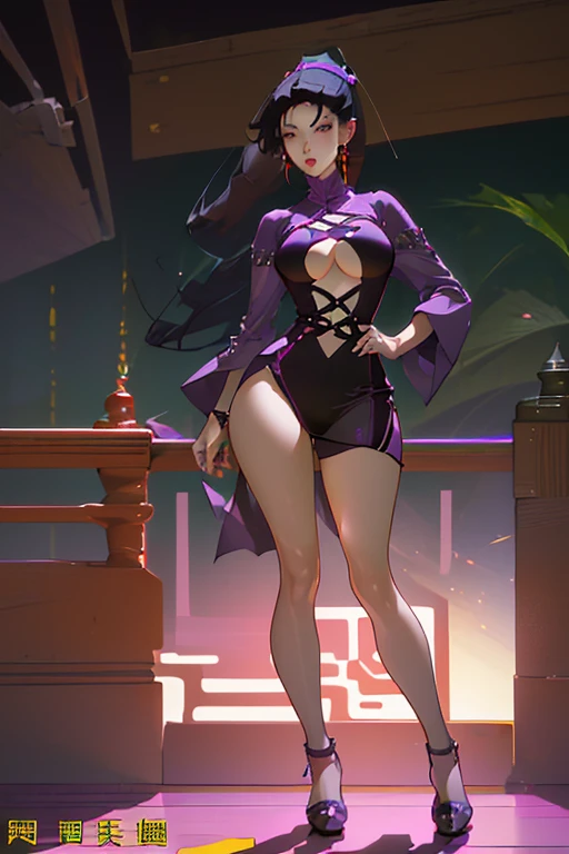 full body, 42-year-old female, older female, chinese, korean, lipstick, long black hair in high ponytail, toned, thick thighs, big breasts, wide hips, big hips, small waist, ladder-cutout criss-cross purple satin short dress