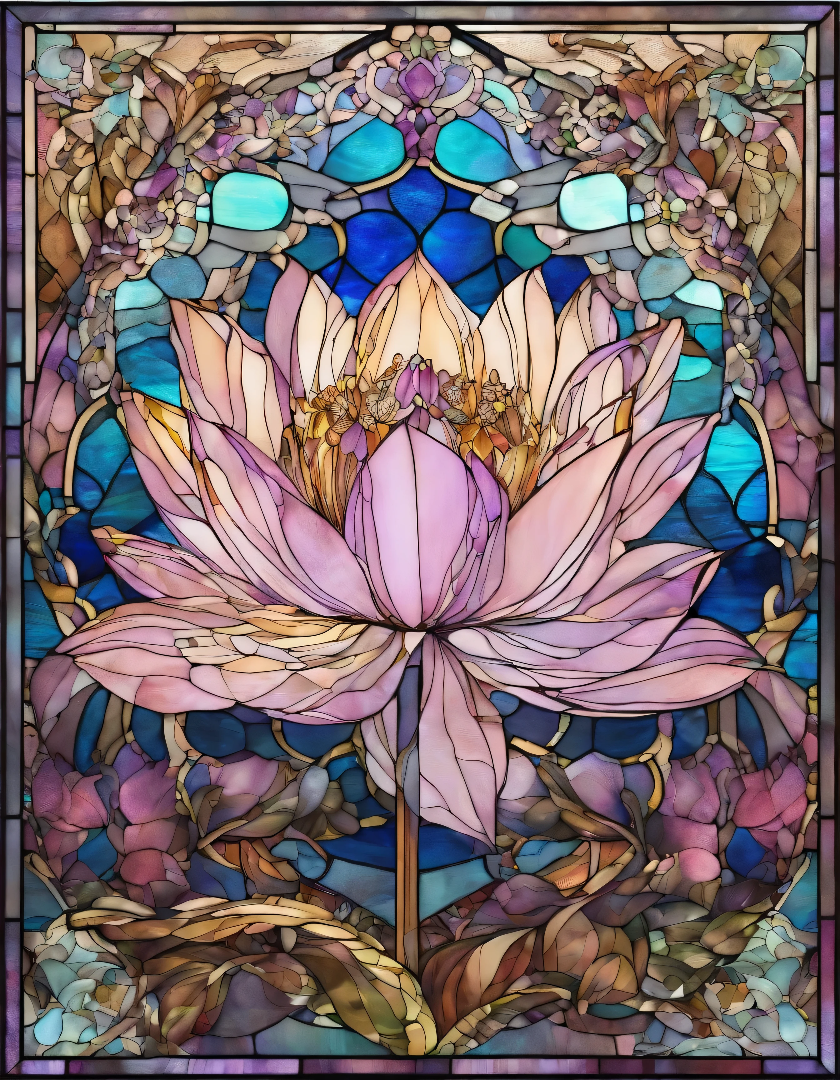 lotus、Lotus、 Innocence、Transparent glass、very elaborate stained glass、Amethyst Crystal, Iridescent Labradorite Crystals、Intricate and highly detailed backgrounds, Fantasy, Craftsmanship, Craftsmanship detailed, Complex