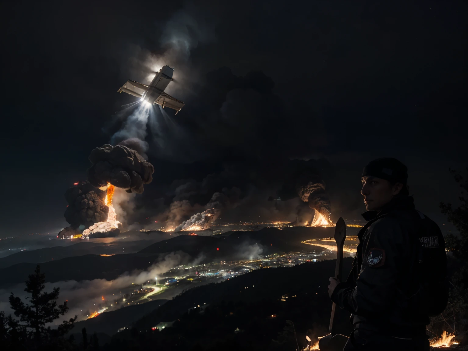 man with an ax in his hand, through the man's eyes, pov, looking at the small town from the mountainside, through the trees, there is a large spacecraft over the city, some points of the city are on fire, dark theme, hazy weather, epic