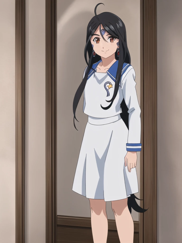 Skuld, 1girl, solo, fine detail, looking at viewer, smile, flat chest, sailor collar, earrings, standing, perfect quality, good quality, masterpiece, HDR, UHD