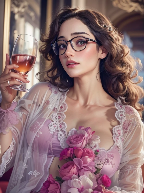 {Emmy Rossum pelada Sensualizando}, Holding a glass of wine in his left hand, wearing large prescription glasses, ela tem corpo perfeito, peitos grandes, coxas grossas e pernas grandes, olhos cor de mel, cabelos longos. Emmy Rossum linda e gostosa. Hiper realista.