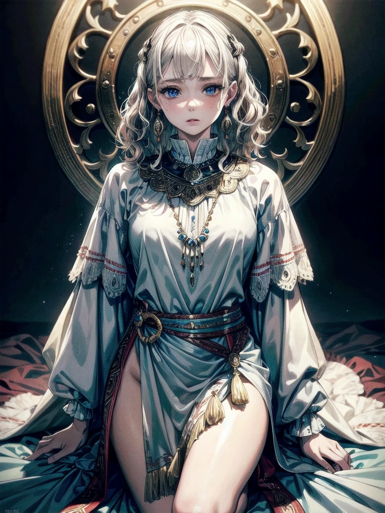 tribal poncho, absurdres, RAW photo, extremely delicate and beautiful, masterpiece, Best Quality, ultra high resolution, 32k, hyperrealistic, ultra-detailed, detailed description, pale skin, 20 years old, tearful mole, earring, short medium hair, wavy hair, full body shot,