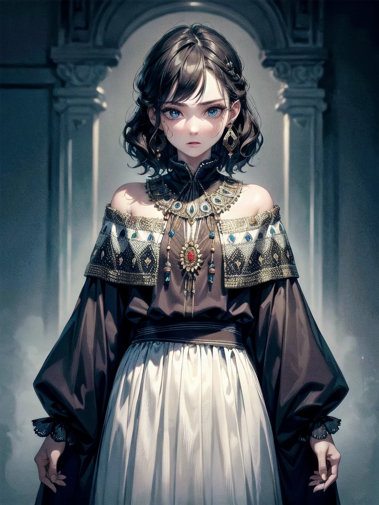tribal poncho, absurdres, RAW photo, extremely delicate and beautiful, masterpiece, Best Quality, ultra high resolution, 32k, hyperrealistic, ultra-detailed, detailed description, pale skin, 20 years old, tearful mole, earring, short medium hair, wavy hair, full body shot,
