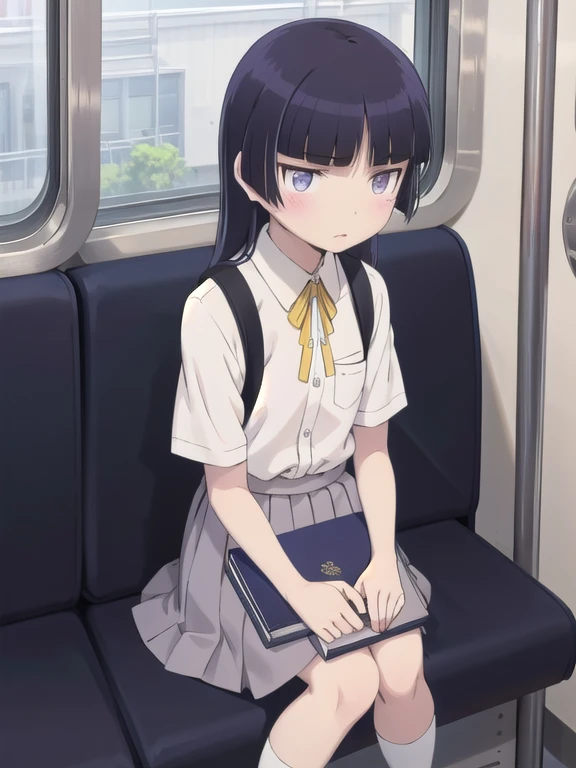 highest quality, Very detailed, 
Inside the train、Multiple passengers,Commuting、Sit down and read a book, Paperback、Small school bag, 
(gokou ruri), One girl,  Black socks, Short sleeve,  Grey Skirt, (Medium skirt), Box Pleat Skirt, Hime cut, tuck in, White collared shirt, Yellow ribbon, blue eyes, plain attire