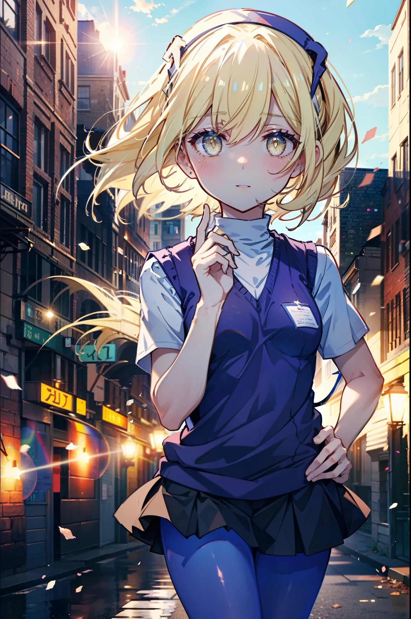Izvalenstein, Eyes Wallenstein, Blonde, Hair between the eyes, White headband, Long Hair, (Yellow Eyes:1.5), smile,blush,Black pantyhose,Y-shirt,Short sleeve,Sweater vest, (blue Sweater vest:1.5),black pleated skirt,Brown Loafers,morning,morning陽,The sun is rising,whole bodyがイラストに入るように,crowd, people々々,Walking,
壊す looking at viewer,whole body,
Destroy outdoors, In town,Destroy a city of buildings (masterpiece:1.2), highest quality, High resolution, unity 8k wallpaper, (shape:0.8), (Fine and beautiful eyes:1.6), Highly detailed face, Perfect lighting, Highly detailed CG, (Perfect hands, Perfect ???????),