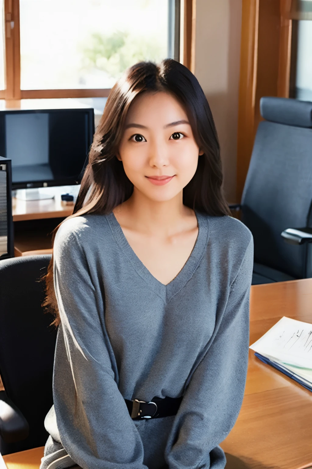 A Japanese woman, 20 years old, slender figure, very thin waist, Beautiful face, beautidful big eyes, black long hair, wearing a tight and short gray knit dress with a V-neck design, sitting on a desk in an office, gently looking at you, 1girl in, Solo, Detailed face and eyes, detailed fingers and arms. Full body photo. Realistic, Photorealistic.