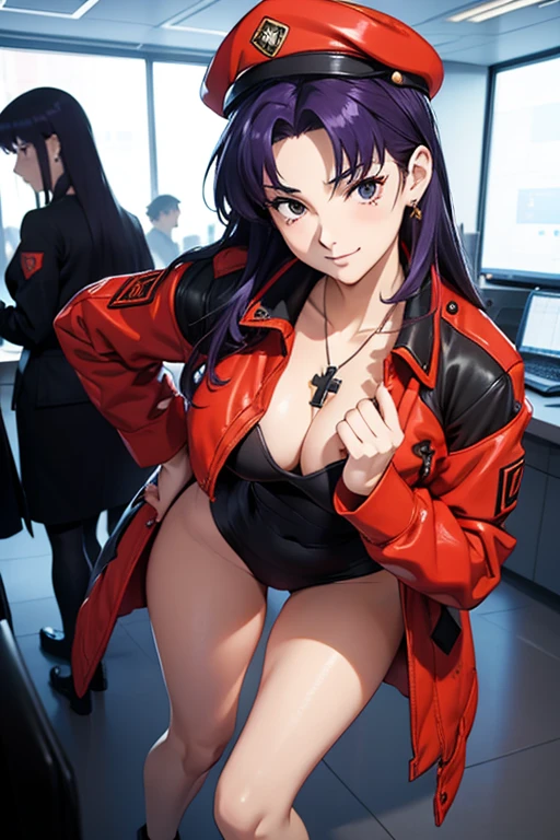 1womanl, attire: Black Bodycon,middlebreast、 short black tight dress, Black eyes, Purple hair, Medium Hair, a smile, cross necklace, tall, Slim body,  (nffsw), (((Misato katsuragi))),  NERV、Operation control room, (((Front view))), Looking at Viewer,  Perfectly detailed face, fully detailed hands and fingers, Masterpiece 1.1, Trending on ArtStation, pixiv quality, (((fine art:chin))), Intricately detailed, ultra graphics, SFW version, (((Mature 1.1))), attire: jacker, Red jacket, red bullet hat、Symmetrical face、full body (NSFW breasts), hdri, extremely naked, nude, nua, pelada, nsfw, gigantic breast 1.9