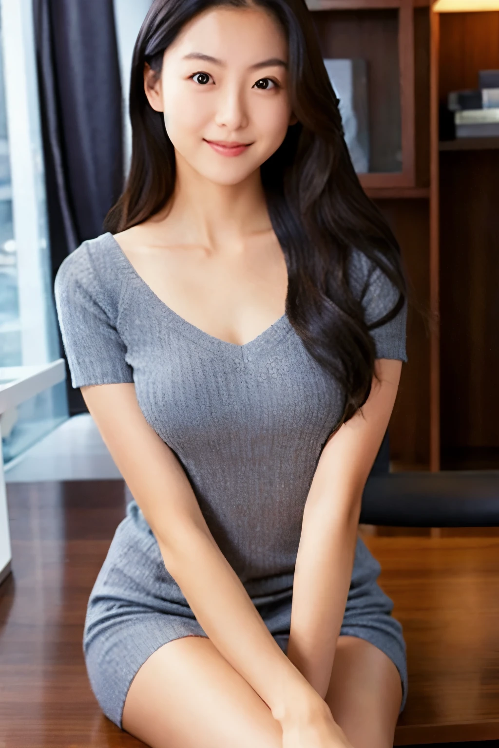 A Japanese woman, 20 years old, slender figure, very thin waist, Beautiful face, beautidful big eyes, black long hair, wearing a tight and short gray knit dress with a V-neck design, sitting on a desk in an office, gently looking at you, 1girl in, Solo, Detailed face and eyes, detailed fingers and arms. Full body photo. Realistic, Photorealistic.