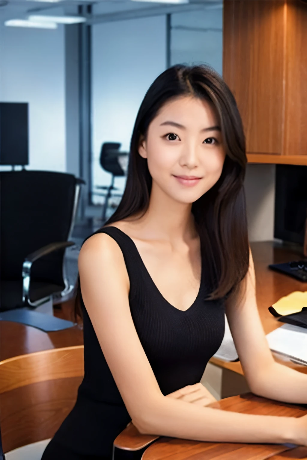 A Japanese woman, 20 years old, slender figure, very thin waist, Beautiful face, beautidful big eyes, black long hair, wearing a tight and short gray knit dress with a V-neck design, sitting on a desk in an office, gently looking at you, 1girl in, Solo, Detailed face and eyes, detailed fingers and arms. Full body photo. Realistic, Photorealistic.