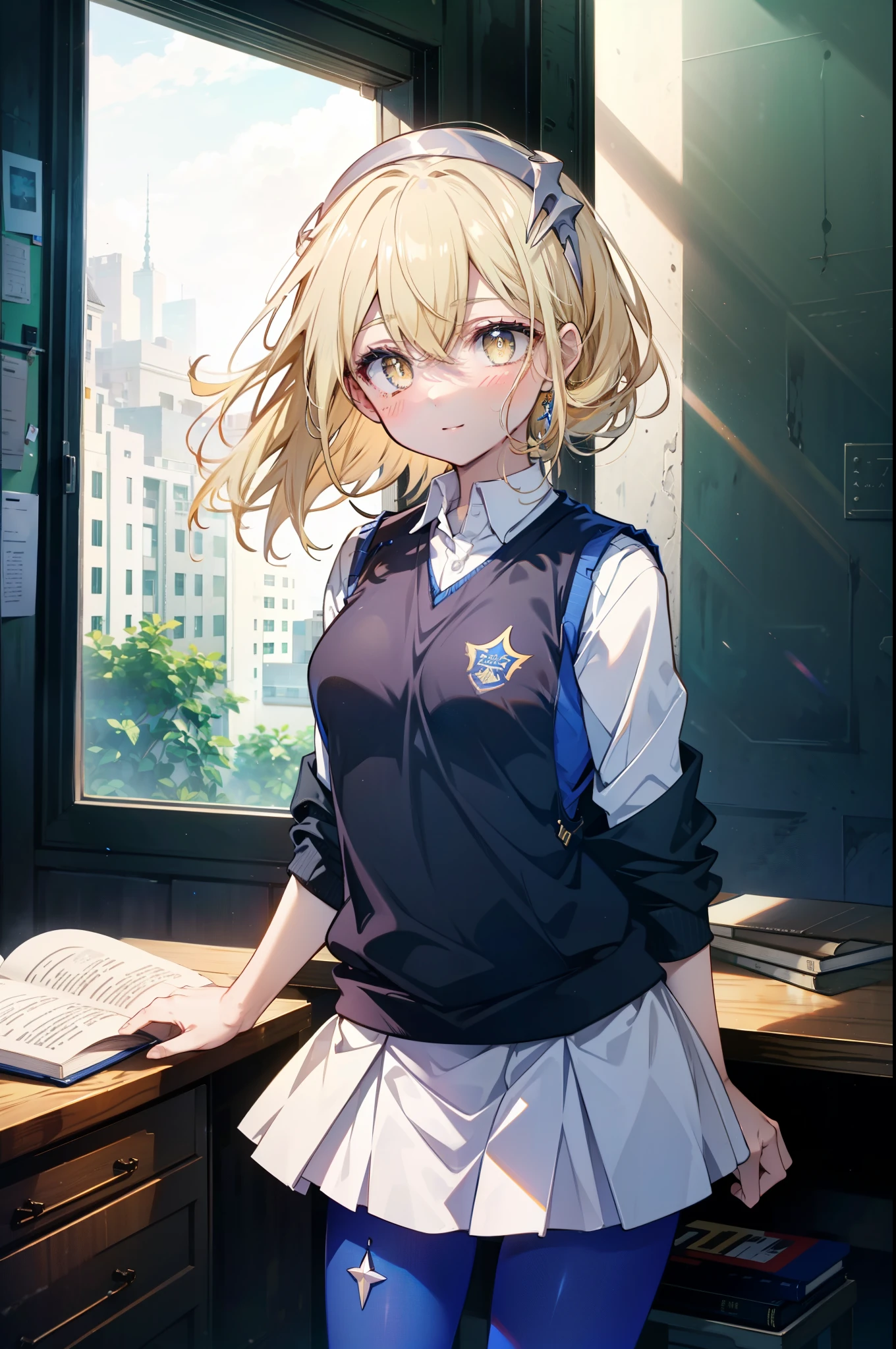 Izvalenstein, Eyes Wallenstein, Blonde, Hair between the eyes, White headband, Long Hair, (Yellow Eyes:1.5), Side Lock,smile,blush,, uniform, Sweater vest, (blue Sweater vest:1.5),shirt, white shirt, collared shirt, skirt, pleated skirt,Black Pantyhose,Brown Loafers,There is an open textbook on the desk.,He rested his right elbow on the desk、Place one&#39;s chin on the table.,Sit on a chair,
break looking at viewer,whole body(Cowboy Shot:1. 5)
break indoors, classroom,
break (masterpiece:1.2), highest quality, High resolution, unity 8k wallpaper, (shape:0.8), (Fine and beautiful eyes:1.6), Highly detailed face, Perfect lighting, Highly detailed CG, (Perfect hands, Perfect Anatomy),