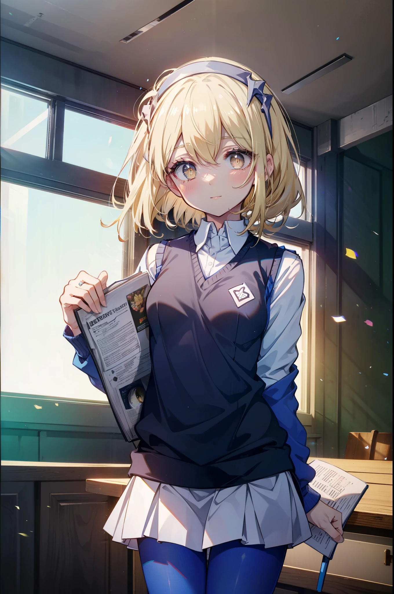 Izvalenstein, Eyes Wallenstein, Blonde, Hair between the eyes, White headband, Long Hair, (Yellow Eyes:1.5), Side Lock,smile,blush,, uniform, Sweater vest, (blue Sweater vest:1.5),shirt, white shirt, collared shirt, skirt, pleated skirt,Black Pantyhose,Brown Loafers,There is an open textbook on the desk.,He rested his right elbow on the desk、Place one's chin on the table.,Sit on a chair,
break looking at viewer,whole body(Cowboy Shot:1. 5)
break indoors, classroom,
break (masterpiece:1.2), highest quality, High resolution, unity 8k wallpaper, (shape:0.8), (Fine and beautiful eyes:1.6), Highly detailed face, Perfect lighting, Highly detailed CG, (Perfect hands, Perfect Anatomy),