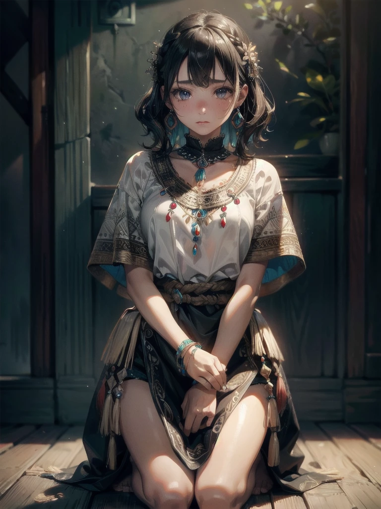tribal poncho, absurdres, RAW photo, extremely delicate and beautiful, masterpiece, Best Quality, ultra high resolution, 32k, hyperrealistic, ultra-detailed, detailed description, tearful mole, earring, short medium hair, wavy hair, full body shot,