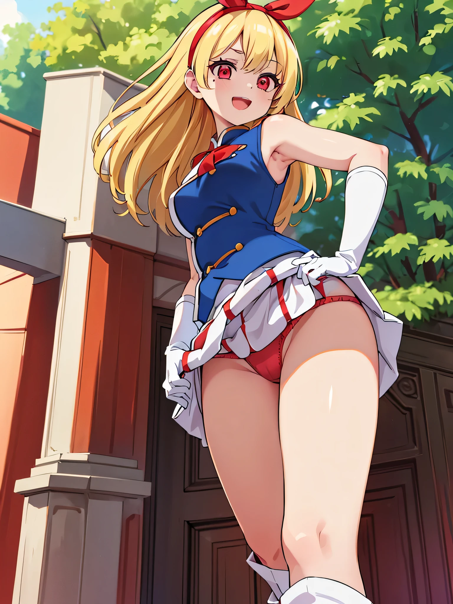 (red ribbon on hairband:1.2),masterpiece, best quality, highres, 1girl, solo, Blonde hair, RED eyes, mole under eye, band uniform, sleeveless, white gloves, knee boots, cowboy shot, hand on hip, smile, open mouth, outdoors ,((((skirt lift)))),((red color panties)),(pointy_panties,from below),