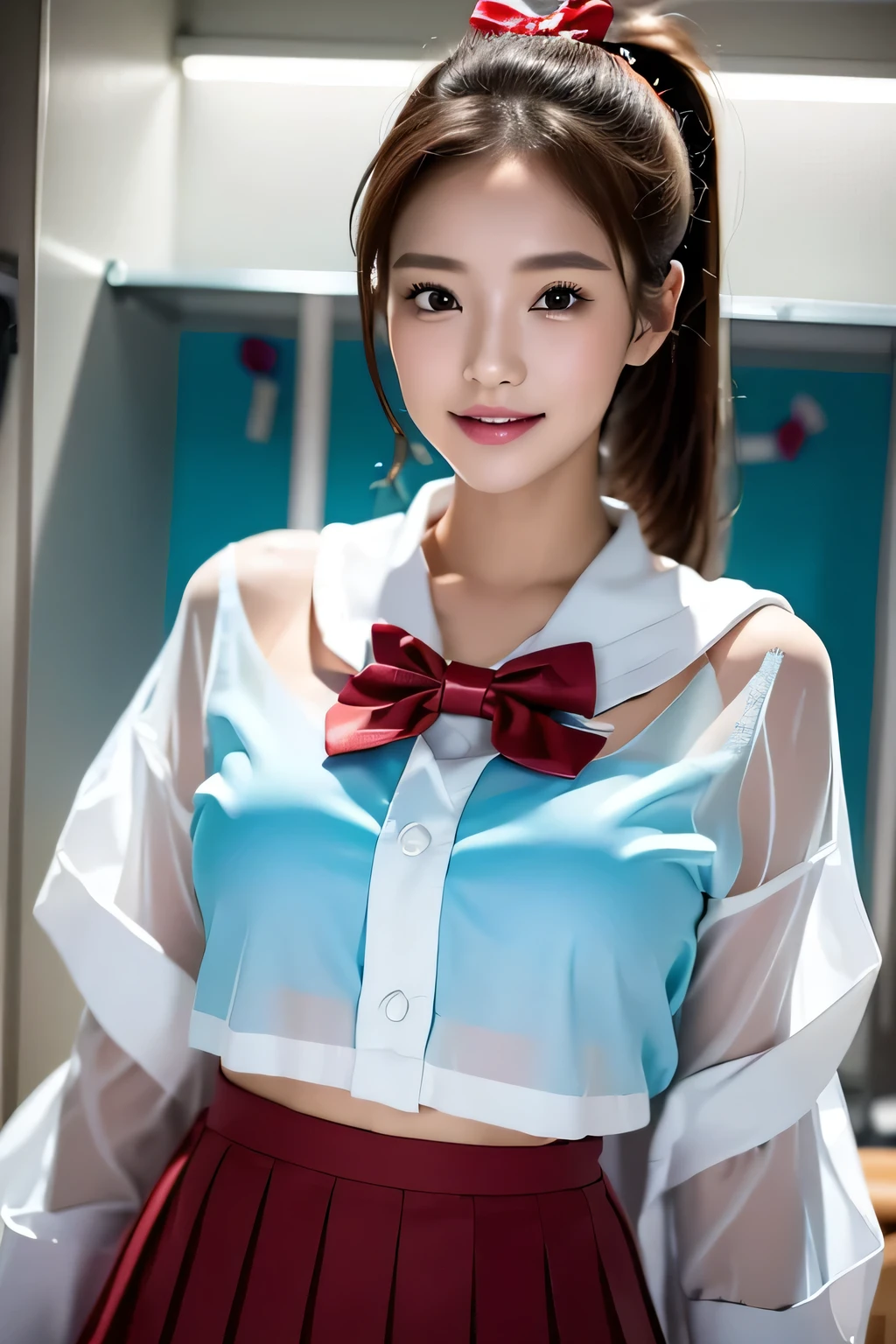 (((locker room))),(((Change clothes in the changing room:1.3))),(((clothes on hangers:1.3))),(((Sailor suit))),(((Pleated skirt revealing skin))),(Dark red bow tie:1.3),Cute face,Extreme close up of face,Shiny light brown and orange striped short hair,Messy ponytail,Cute Smile,Perfect round face,iris,(hairpin、ponytail、Floating Hair、),Large Breasts.Professional Lighting,Cinematic Light,(Tabletop,highest quality,Ultra-high resolution output images,) ,(8K quality,),(Ocean Art 2.0 Mode:1.3),(Picture Mode Ultra HD,)