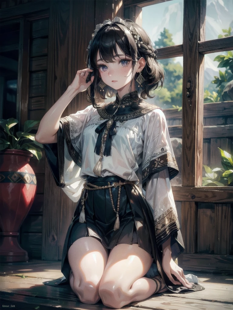 tribal poncho, absurdres, RAW photo, extremely delicate and beautiful, masterpiece, Best Quality, ultra high resolution, 32k, hyperrealistic, ultra-detailed, detailed description, pale skin, 20 years old, tearful mole, earring, short medium hair, wavy hair, full body shot,