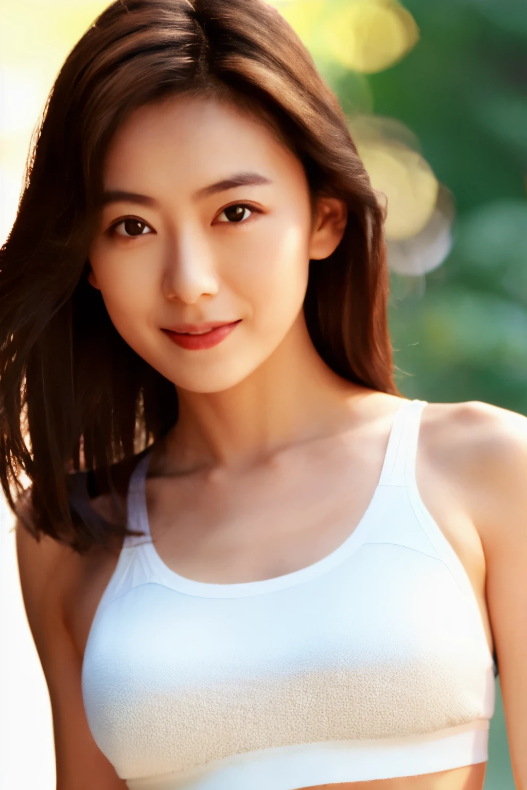 Skinny Japanese woman, 30 years old, ((Realistic lighting, Best quality, 8K, Masterpiece: 1.3)), Clear focus: 1.2, 1girl, Perfect beauty: 1.4, Slim abs: 1.1, ((Dark brown hair)), (White crop top: 1.4), (Outdoor, Night: 1.1), Park view, Super fine face, Fine eyes, Double eyelids,