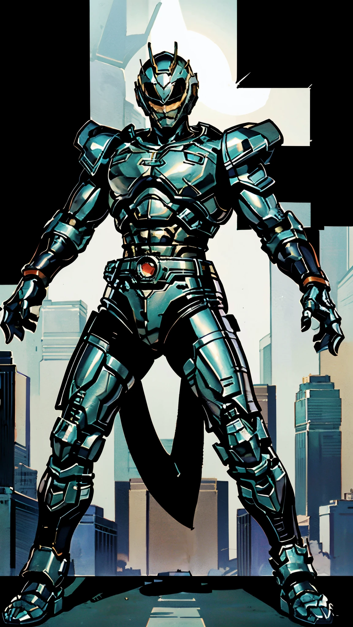 A man wearing a full-face helmet, a fantasy-style biotech armored combat suit, green eyes, (a composite layered chest armor), fully enclosed shoulder guards, matching arm and leg guards, the belt is adorned with Beetle-shaped gem, (the color scheme is primarily black with red accents), the design balances heavy with agility, a high-tech bio-mecha armor, (Armor Concept Inspired by Dynastinae, stand on the top of a skyscraper in a futuristic sci-fi city), this character embodies a finely crafted fantasy-surreal style armored hero in anime style, exquisite and mature manga art style, (element, plasma, energy, the armor glows), ((male:1.5)), metallic, real texture material, dramatic, high definition, best quality, highres, ultra-detailed, ultra-fine painting, extremely delicate, professional, perfect body proportions, golden ratio, anatomically correct, symmetrical face, extremely detailed eyes and face, high quality eyes, creativity, RAW photo, UHD, 32k, Natural light, cinematic lighting, masterpiece-anatomy-perfect, masterpiece:1.5