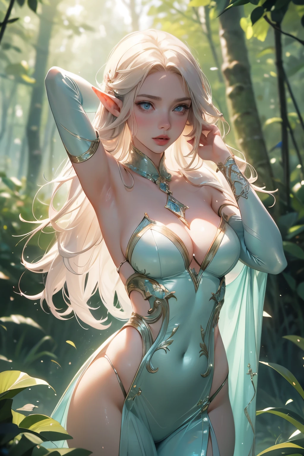 Sensual elf woman (scarlett johanson) in the water, with angelic face with wet hair, exhausted, ultra realistic, her hands behind her head: with semi-translucent clothing very tight to the body, pink and white clothing. A slim but curvy elf, with wide hips and a super realistic tiny waist. Her porcelain white skin glowing under the natural light of the forest. Her beautiful, hyper-detailed and realistic features come to life in this cinematic image. Her voluptuous elven clothing clings to her body, showing off her perfect anatomical measurements and super-resolution details. The clothes are tight accentuating every curve of her, beads of sweat with detail on her skin, supported by a spear-type sword between her hands, with elven details when holding it with both hands, her muscles that are softly marked on the abdomen and with many shades. super feminine... The setting is a serene forest, with dappled sunlight filtering through the trees, casting an ethereal glow on the scene. (3:3 - 16:9 - q