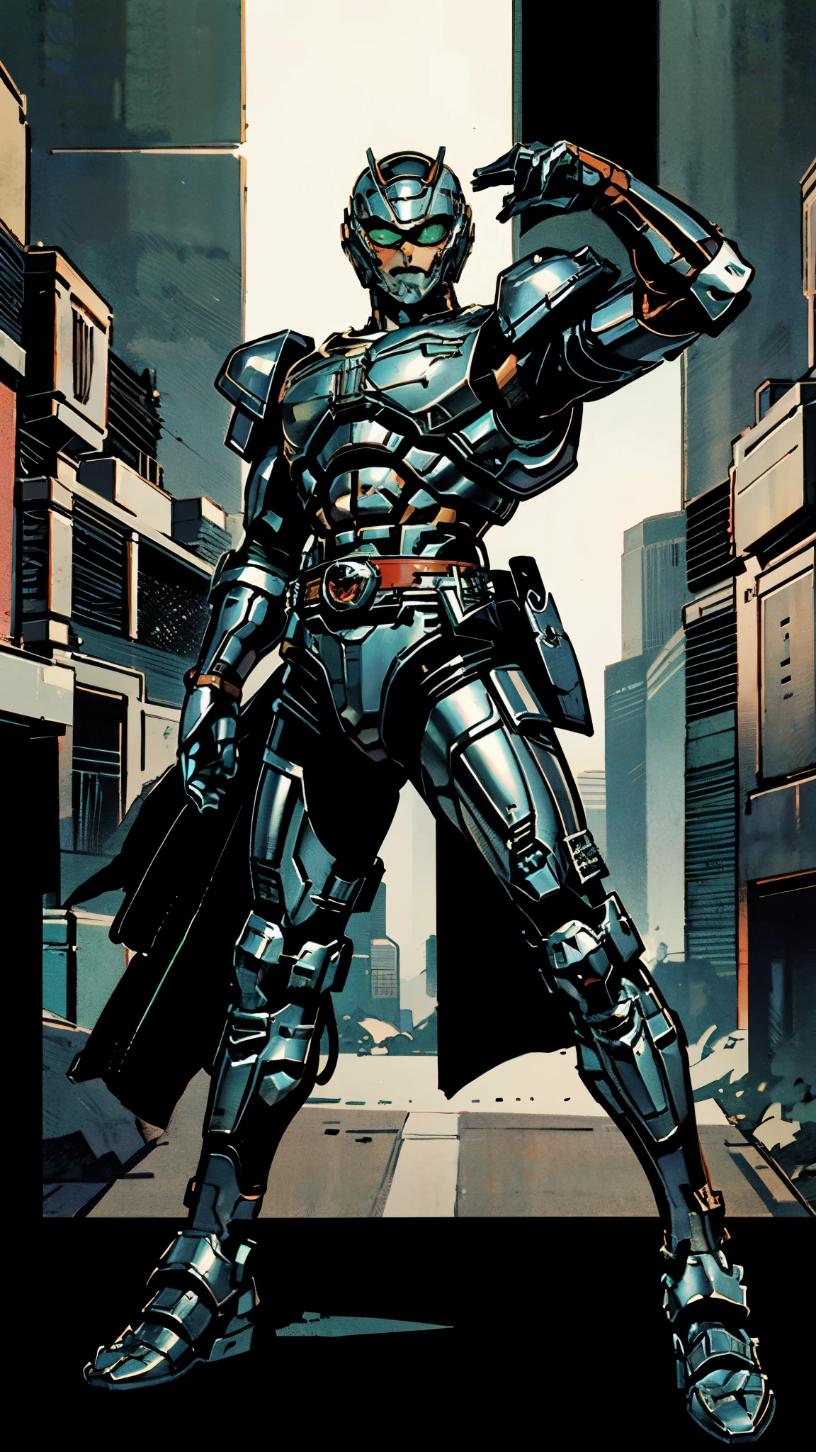 A man wearing a full-face helmet, a fantasy-style biotech armored combat suit, green eyes, (a composite layered chest armor), fully enclosed shoulder guards, matching arm and leg guards, the belt is adorned with Beetle-shaped gem, (the color scheme is primarily black with red accents), the design balances heavy with agility, a high-tech bio-mecha armor, (Armor Concept Inspired by Dynastinae, stand on the top of a skyscraper in a futuristic sci-fi city), this character embodies a finely crafted fantasy-surreal style armored hero in anime style, exquisite and mature manga art style, (element, plasma, energy, the armor glows), ((male:1.5)), metallic, real texture material, dramatic, high definition, best quality, highres, ultra-detailed, ultra-fine painting, extremely delicate, professional, perfect body proportions, golden ratio, anatomically correct, symmetrical face, extremely detailed eyes and face, high quality eyes, creativity, RAW photo, UHD, 32k, Natural light, cinematic lighting, masterpiece-anatomy-perfect, masterpiece:1.5