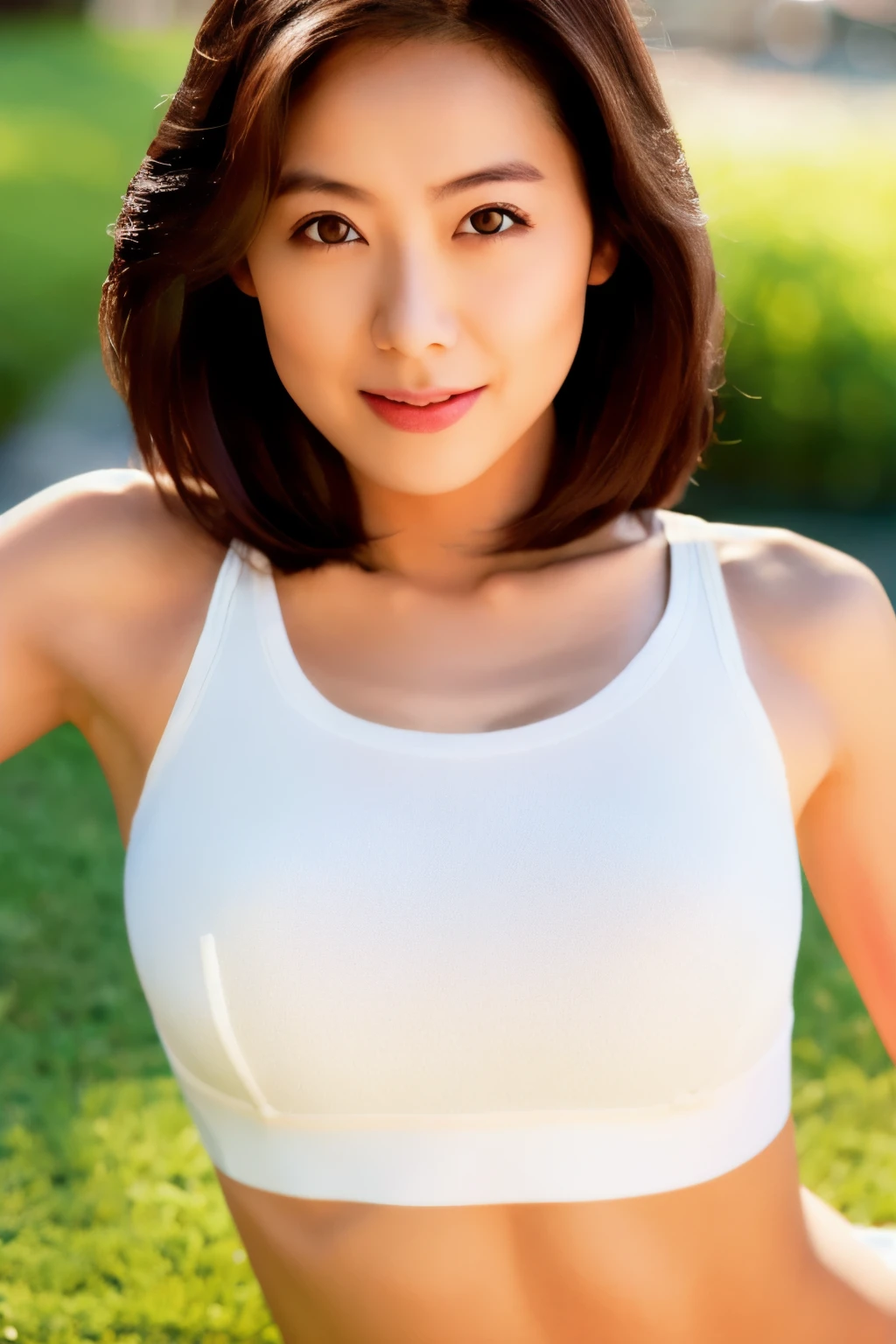 Skinny Japanese woman, 30 years old, ((Realistic lighting, Best quality, 8K, Masterpiece: 1.3)), Clear focus: 1.2, 1girl, Perfect beauty: 1.4, Slim abs: 1.1, ((Dark brown hair)), (White crop top: 1.4), (Outdoor, Night: 1.1), Park view, Super fine face, Fine eyes, Double eyelids,