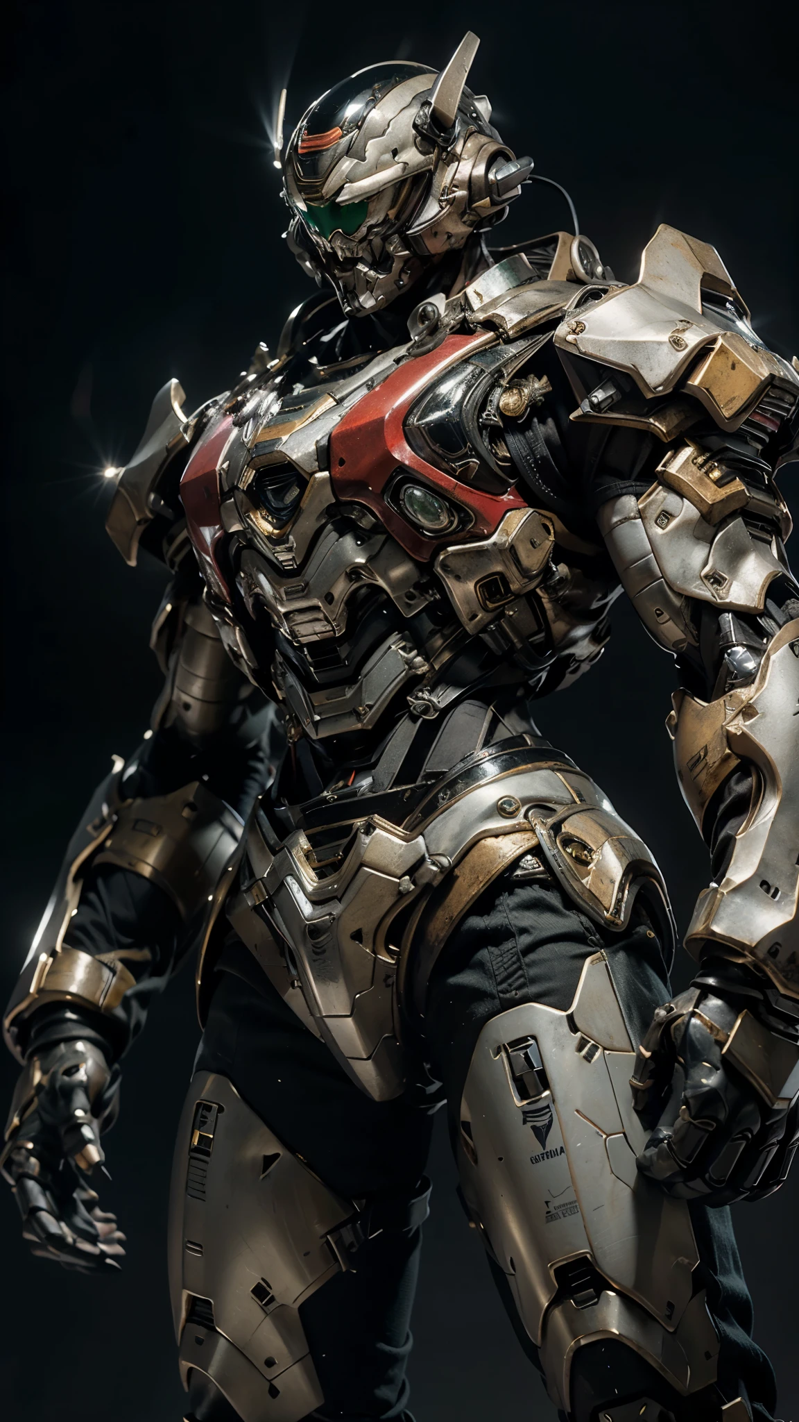 A man wearing a full-face helmet, a fantasy-style biotech armored combat suit, green eyes, (a composite layered chest armor), fully enclosed shoulder guards, matching arm and leg guards, the belt is adorned with Beetle-shaped gem, (the color scheme is primarily black with red accents), the design balances heavy with agility, a high-tech bio-mecha armor, (Armor Concept Inspired by Dynastinae, stand on the top of a skyscraper in a futuristic sci-fi city), this character embodies a finely crafted fantasy-surreal style armored hero in anime style, exquisite and mature manga art style, (element, plasma, energy, the armor glows), ((male:1.5)), metallic, real texture material, dramatic, high definition, best quality, highres, ultra-detailed, ultra-fine painting, extremely delicate, professional, perfect body proportions, golden ratio, anatomically correct, symmetrical face, extremely detailed eyes and face, high quality eyes, creativity, RAW photo, UHD, 32k, Natural light, cinematic lighting, masterpiece-anatomy-perfect, masterpiece:1.5