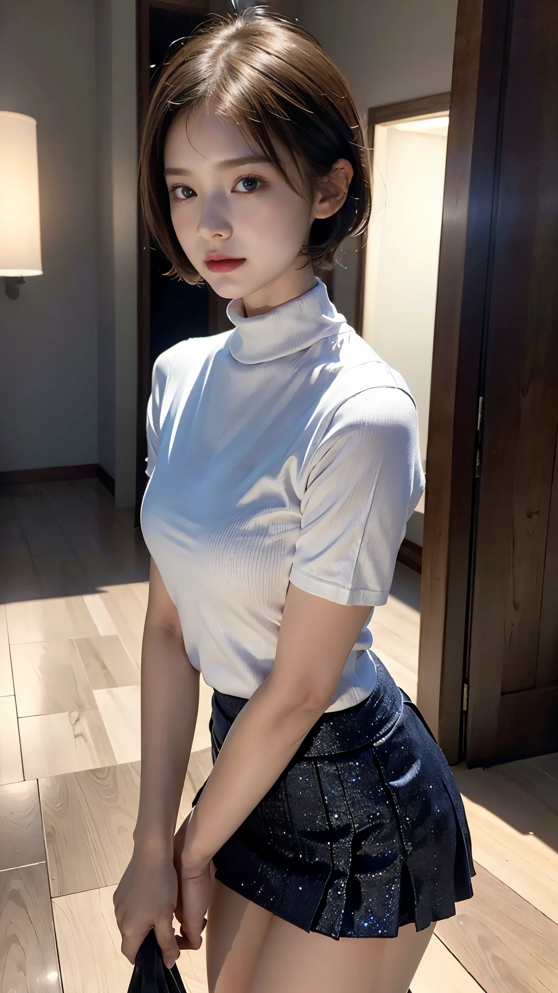((highest quality, 8K, masterpiece)), Mysterious atmosphere, Ethereal quality, (Realistic), (13 years old:1.5), (beautiful girl), (Super Baby Face:1.5), (Stylish short hair:1.5), (Slender body line), (Small and slender figure), aesthetic, alone, between legs, (Pink turtleneck), (A skirt that rolls up beautifully:1.5), (Browsing Caution:0.85), democracy, Power plant, (Sparkling atmosphere, Enchanting Sparkle, Bright lighting, Mysterious atmosphere, Enchanting Sparkle, Exciting colors, Captivating colors, Dramatic lighting, Captivating aura), (Accurate Shadows), (View the viewer)